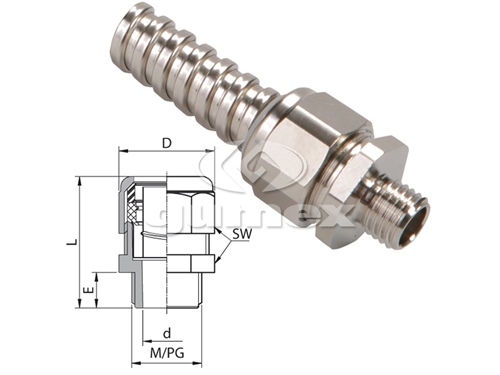 Konektor AU 159M pro chráničky METAL HOSE 101/VA 108, vnější závit M10x1, rozměr koncovky 10mm, IP40, -10°C/+110°C, poniklovaná mosaz